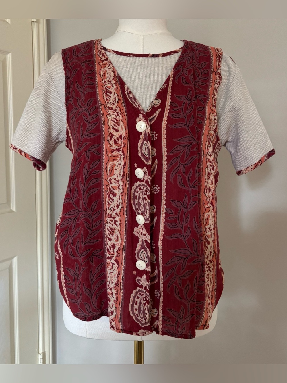 Vintage 90’s Kaktus Paisley Layered Look Back Tie Top Petite Medium Burgundy